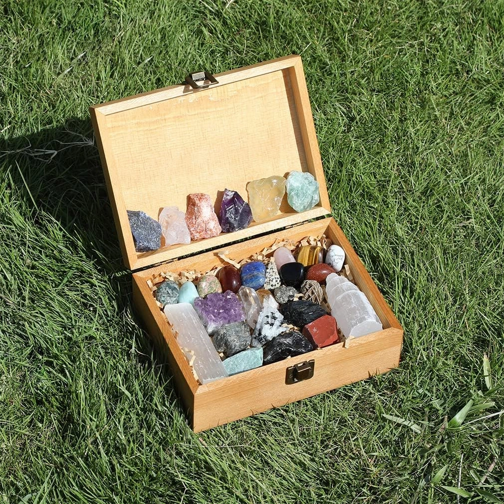 30 PCS Crystals and Stones Set, Natural Raw Healing Crystals and Tumbled Chakra Stones, Premium Protection Crystal Gift Kit Display in Wooden Box with Info Guide, Meditation, Yoga, Home Decor