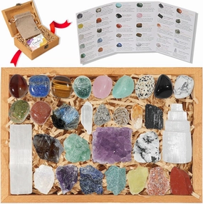 30 PCS Crystals and Stones Set, Natural Raw Healing Crystals and Tumbled Chakra Stones, Premium Protection Crystal Gift Kit Display in Wooden Box with Info Guide, Meditation, Yoga, Home Decor
