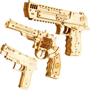 3D Assembly Puzzle Wooden Rubber Band Gun, 244 Pieces, 3 Set Desert Eagle, P320, Revolver Model - Educational Toy Adult Creativity Collecting Action Family Interaction Festivals