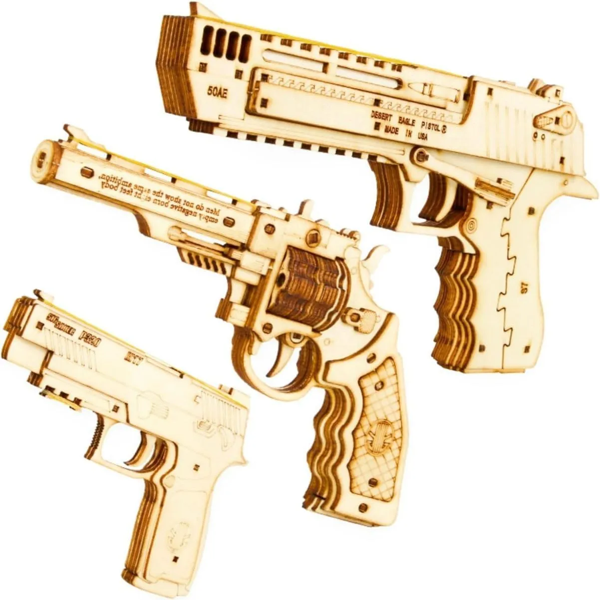 3D Assembly Puzzle Wooden Rubber Band Gun, 244 Pieces, 3 Set Desert Eagle, P320, Revolver Model - Educational Toy Adult Creativity Collecting Action Family Interaction Festivals