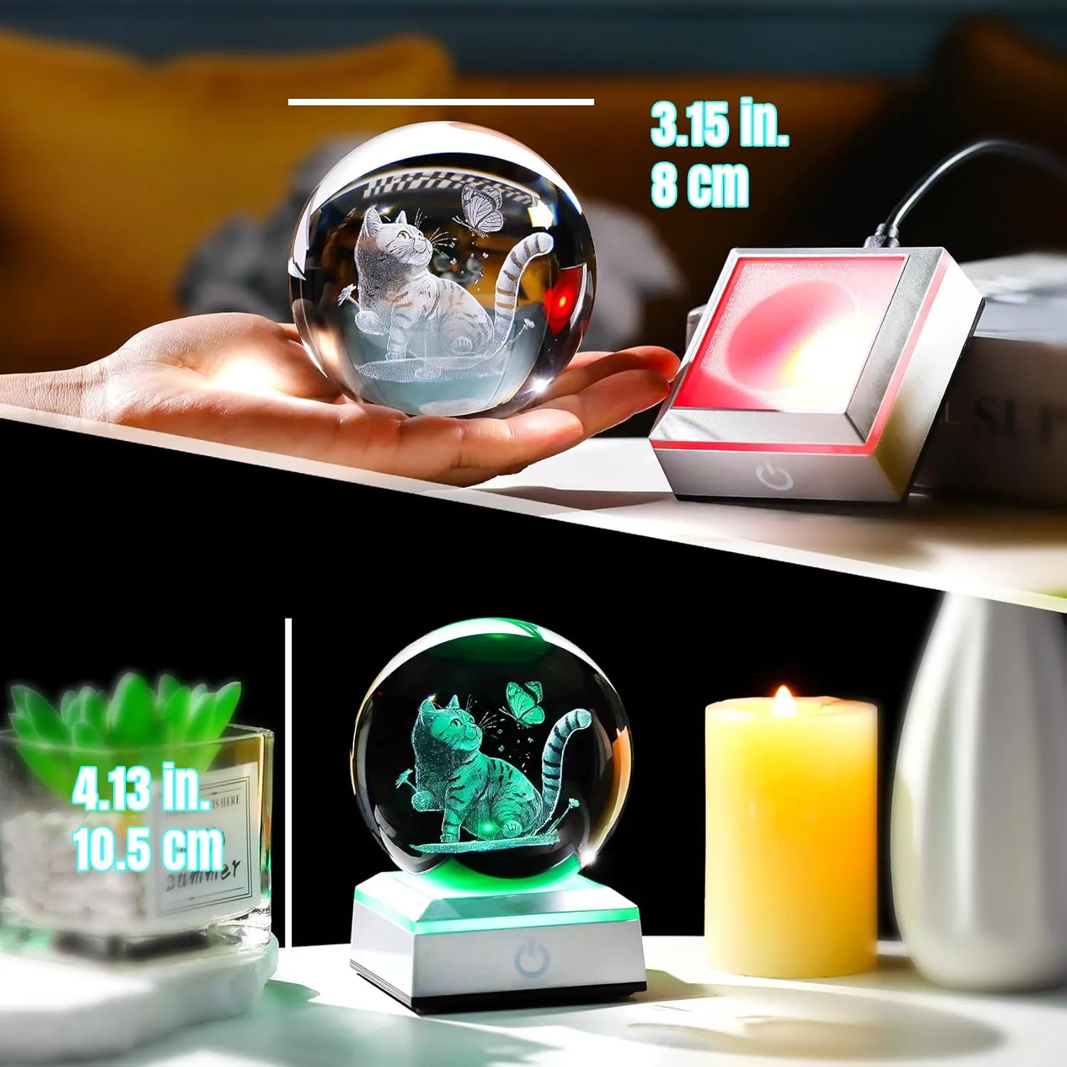3D Cat Themed Gifts for Women, Mom - 3.15in Crystal Ball Engraved Cat Butterflies with LED Light Base - Mother's Day Birthday Cat Night Light Figurine for Home Decor