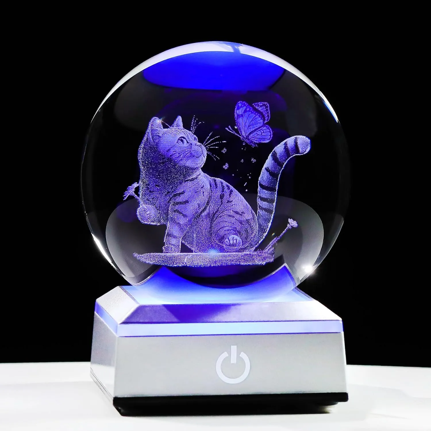 3D Cat Themed Gifts for Women, Mom - 3.15in Crystal Ball Engraved Cat Butterflies with LED Light Base - Mother's Day Birthday Cat Night Light Figurine for Home Decor