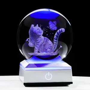 3D Cat Themed Gifts for Women, Mom - 3.15in Crystal Ball Engraved Cat Butterflies with LED Light Base - Mother's Day Birthday Cat Night Light Figurine for Home Decor