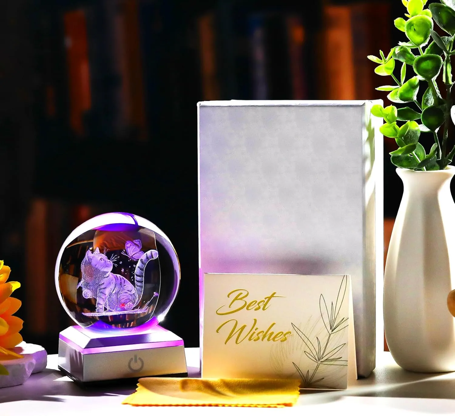 3D Cat Themed Gifts for Women, Mom - 3.15in Crystal Ball Engraved Cat Butterflies with LED Light Base - Mother's Day Birthday Cat Night Light Figurine for Home Decor