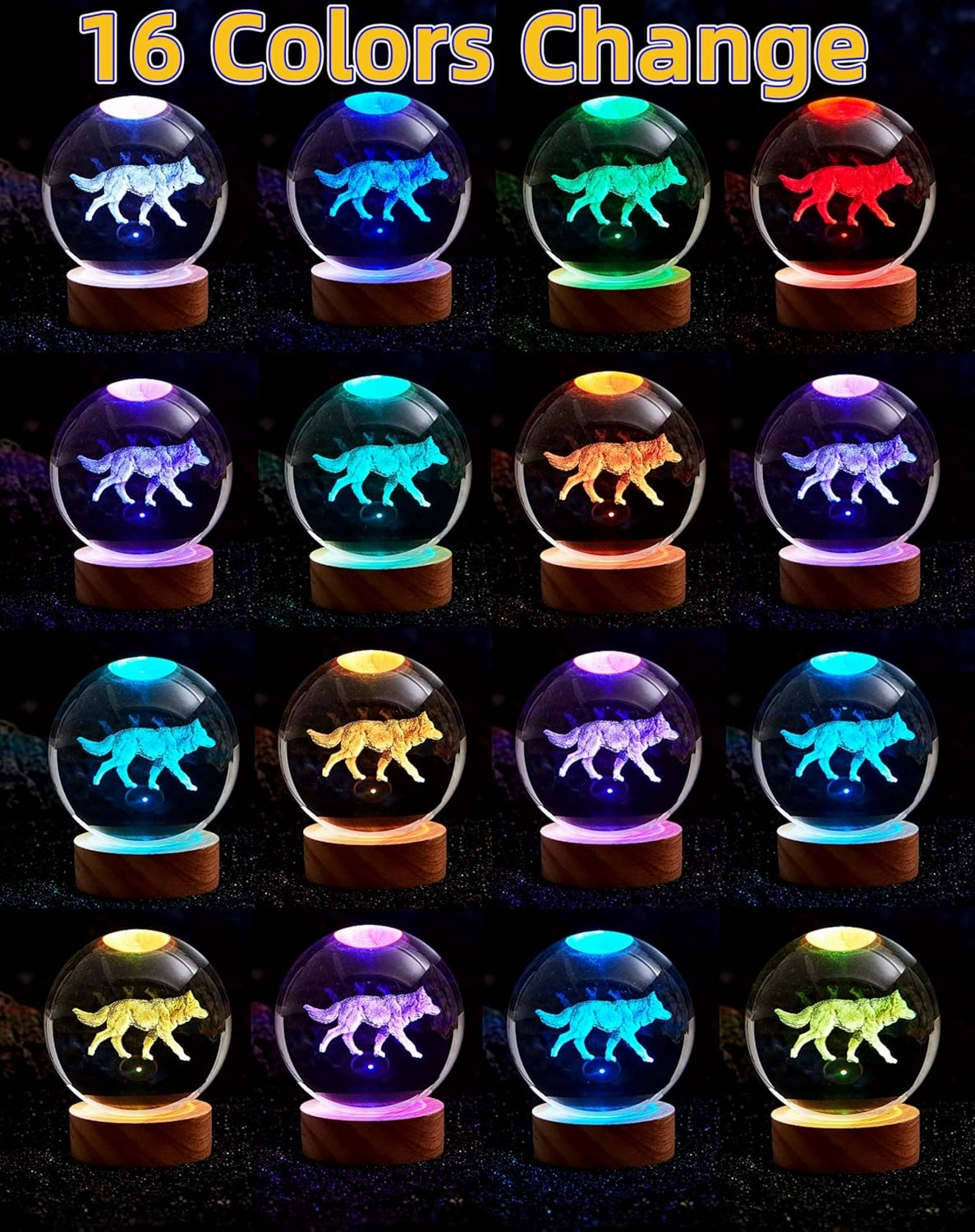 3D Crystal Ball Lamp with Lifelike Wolf, 16 Color Changing Light, Dimmable Remote Control