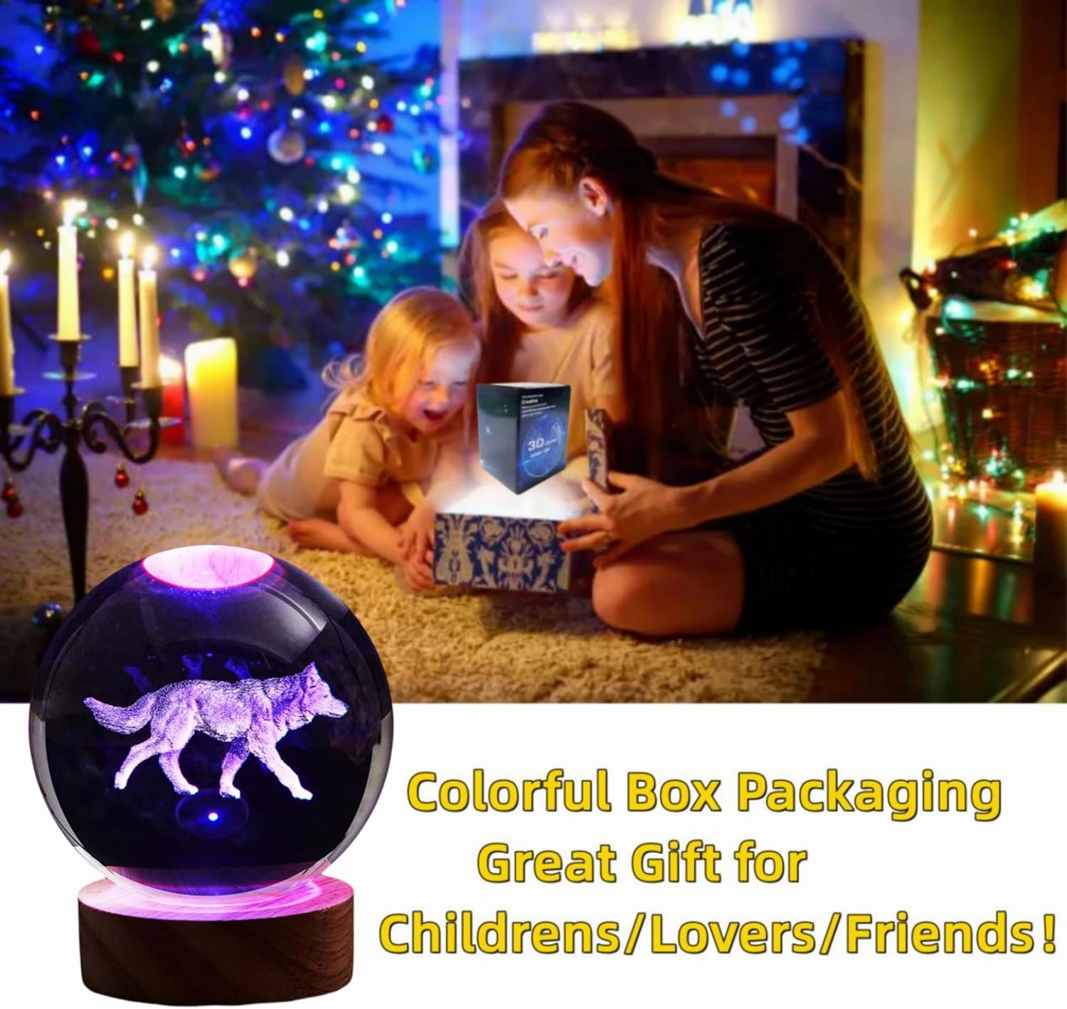 3D Crystal Ball Lamp with Lifelike Wolf, 16 Color Changing Light, Dimmable Remote Control
