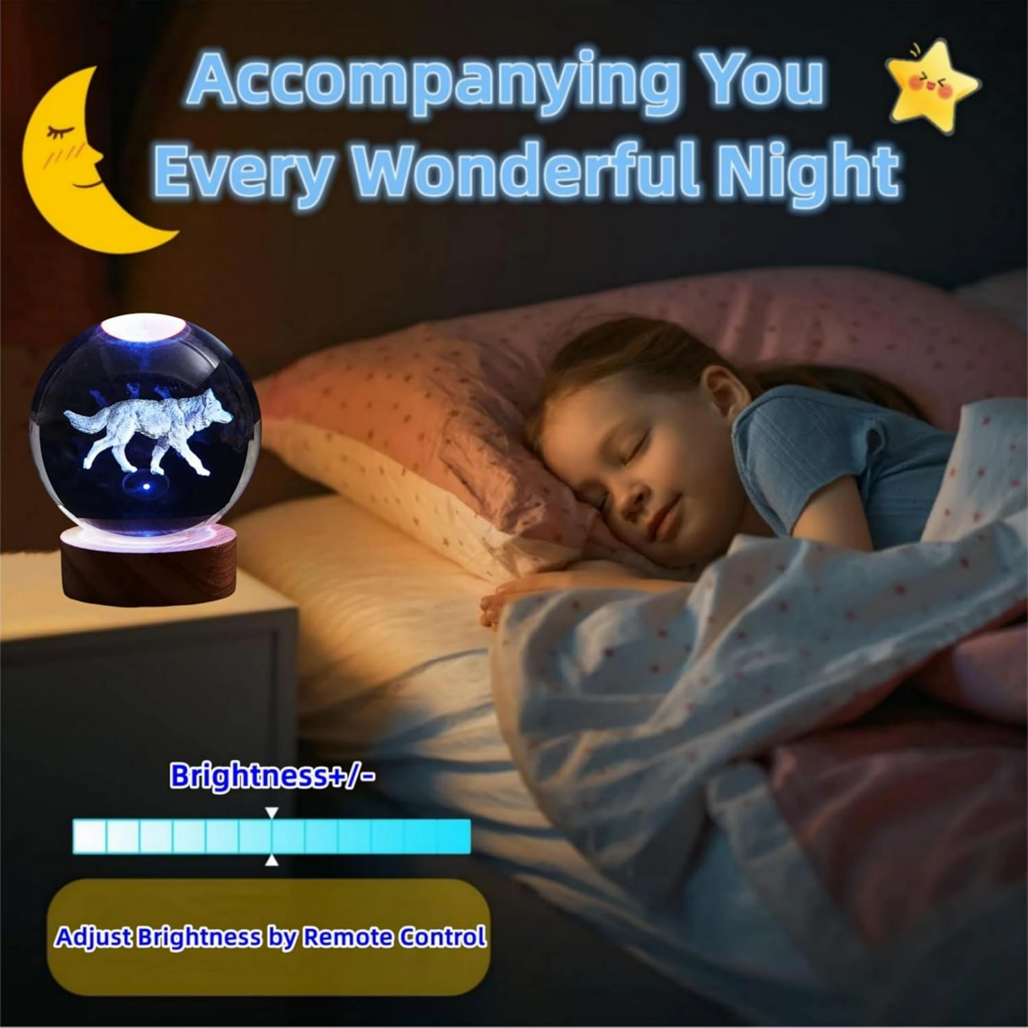 3D Crystal Ball Lamp with Lifelike Wolf, 16 Color Changing Light, Dimmable Remote Control