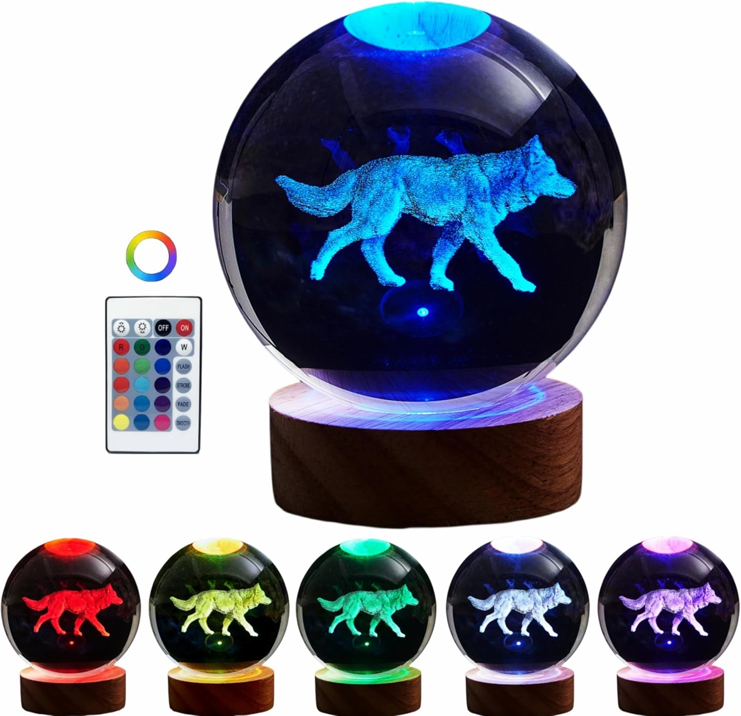 3D Crystal Ball Lamp with Lifelike Wolf, 16 Color Changing Light, Dimmable Remote Control