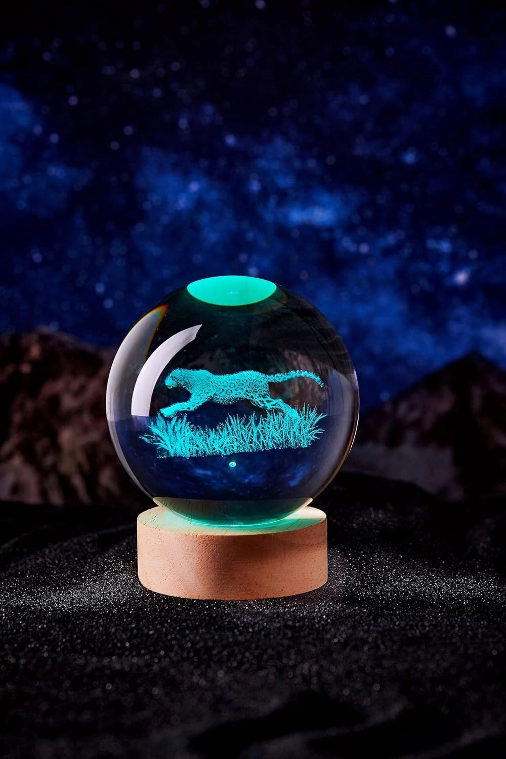 3D Large Leopard Crystal Ball Night Light with Wooden Base, Cheetah Crystal Lamp Gift for Kids Wife Friends, 16 Color Changing with Remote Control, Laser Engraved 3.15 inch Glass Ball Lamp (Leopard)
