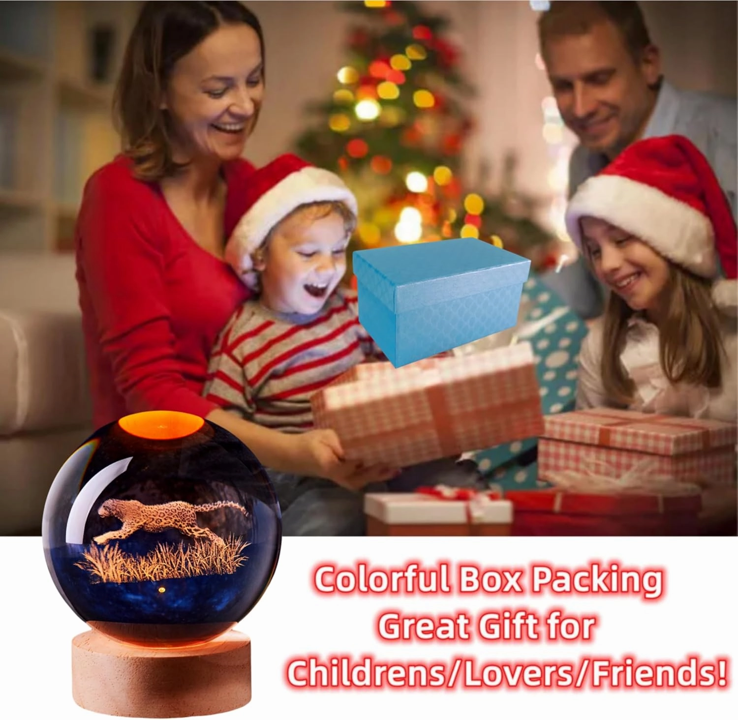 3D Large Leopard Crystal Ball Night Light with Wooden Base, Cheetah Crystal Lamp Gift for Kids Wife Friends, 16 Color Changing with Remote Control, Laser Engraved 3.15 inch Glass Ball Lamp (Leopard)