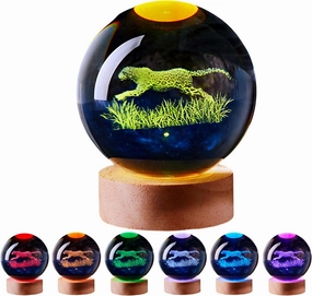 3D Large Leopard Crystal Ball Night Light with Wooden Base, Cheetah Crystal Lamp Gift for Kids Wife Friends, 16 Color Changing with Remote Control, Laser Engraved 3.15 inch Glass Ball Lamp (Leopard)