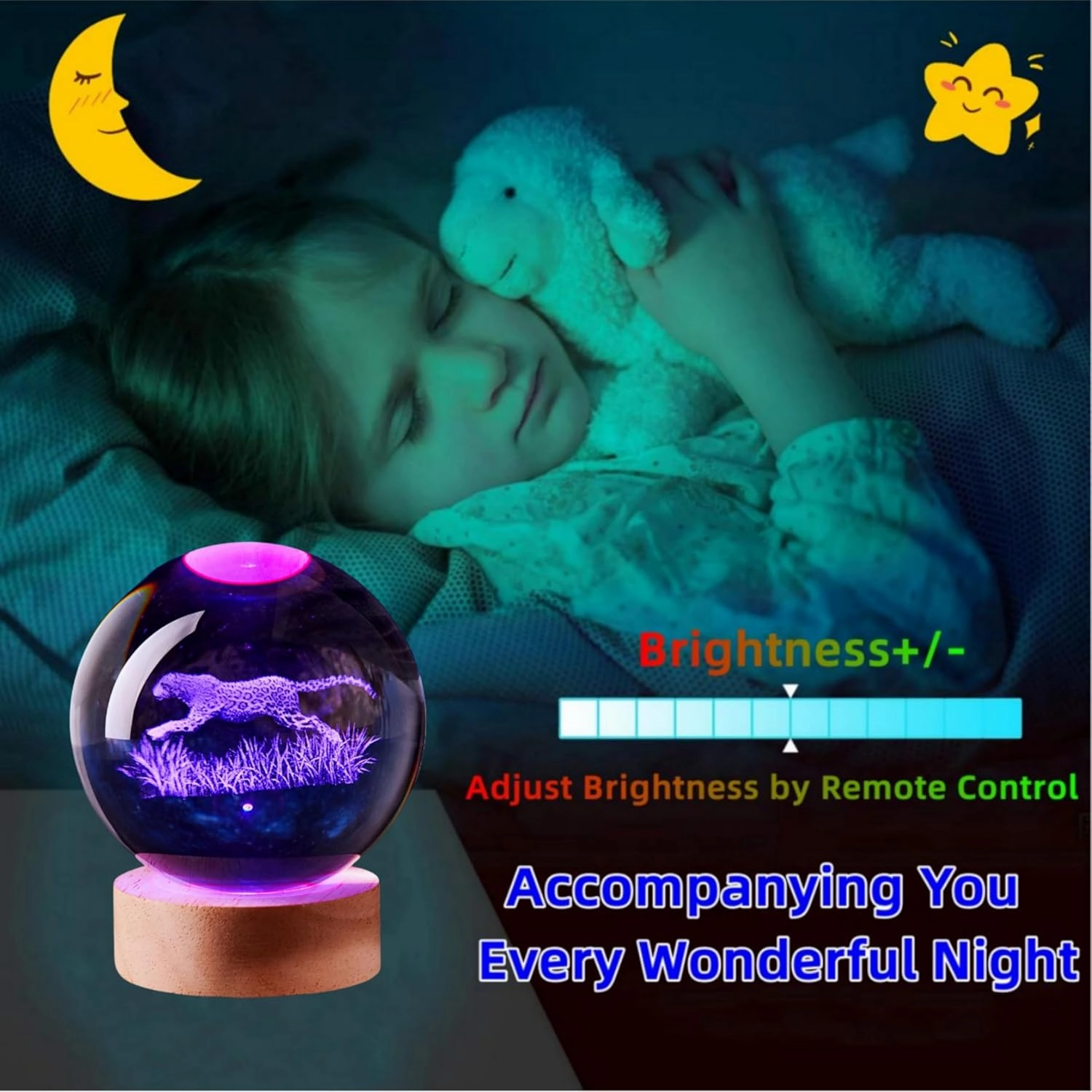 3D Large Leopard Crystal Ball Night Light with Wooden Base, Cheetah Crystal Lamp Gift for Kids Wife Friends, 16 Color Changing with Remote Control, Laser Engraved 3.15 inch Glass Ball Lamp (Leopard)