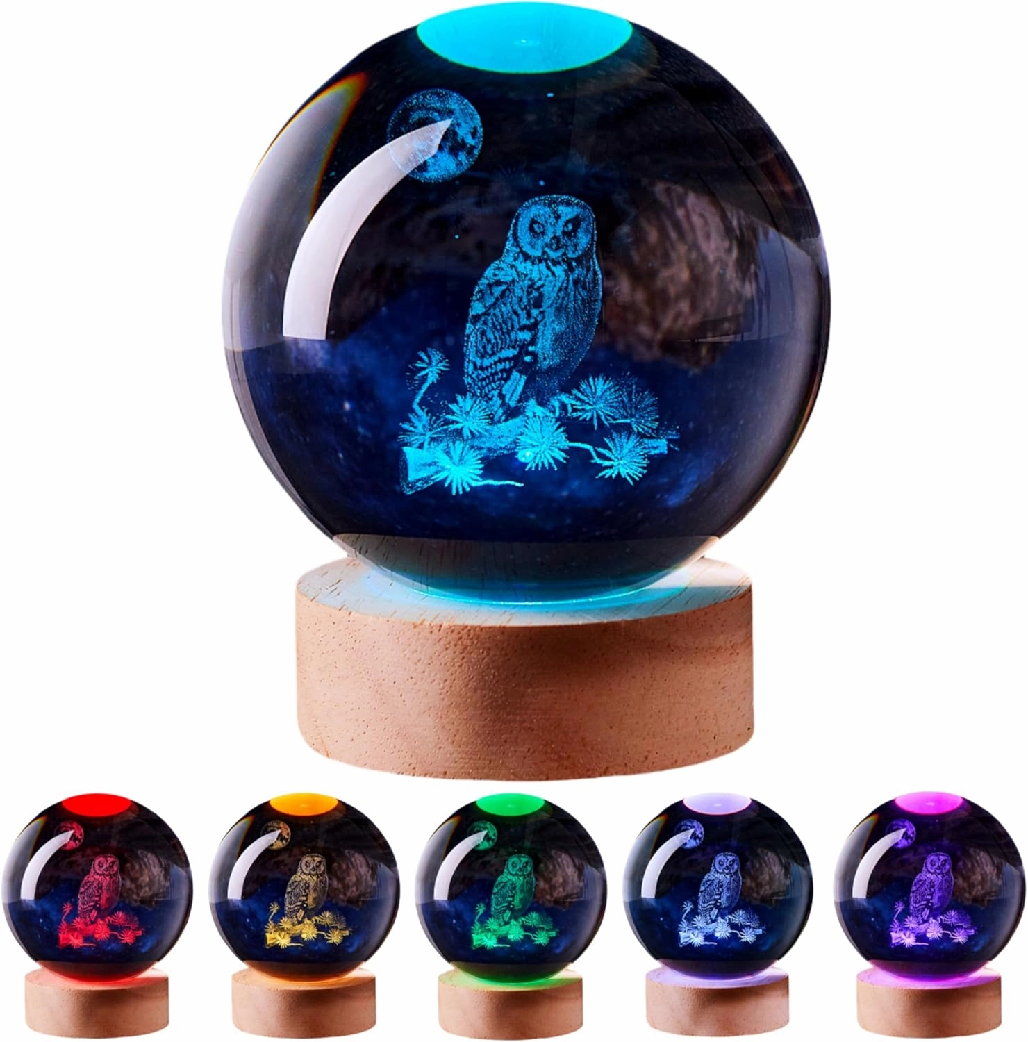 3D Large Owl Crystal Ball Night Light with Wooden Base, Owls Crystal Lamp Gift for Kids Wife Friends, 16 Color Changing with Remote Control, Laser Engraved 3.15 inch Glass Ball Lamp (Owl)