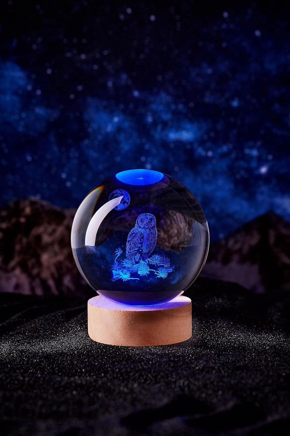 3D Large Owl Crystal Ball Night Light with Wooden Base, Owls Crystal Lamp Gift for Kids Wife Friends, 16 Color Changing with Remote Control, Laser Engraved 3.15 inch Glass Ball Lamp (Owl)