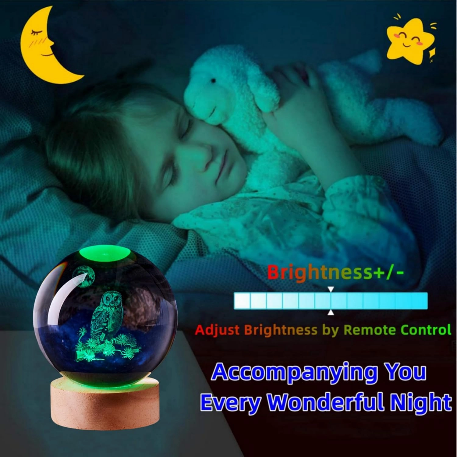 3D Large Owl Crystal Ball Night Light with Wooden Base, Owls Crystal Lamp Gift for Kids Wife Friends, 16 Color Changing with Remote Control, Laser Engraved 3.15 inch Glass Ball Lamp (Owl)