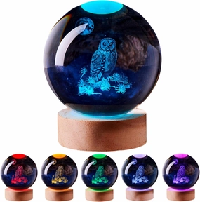 3D Large Owl Crystal Ball Night Light with Wooden Base, Owls Crystal Lamp Gift for Kids Wife Friends, 16 Color Changing with Remote Control, Laser Engraved 3.15 inch Glass Ball Lamp (Owl)