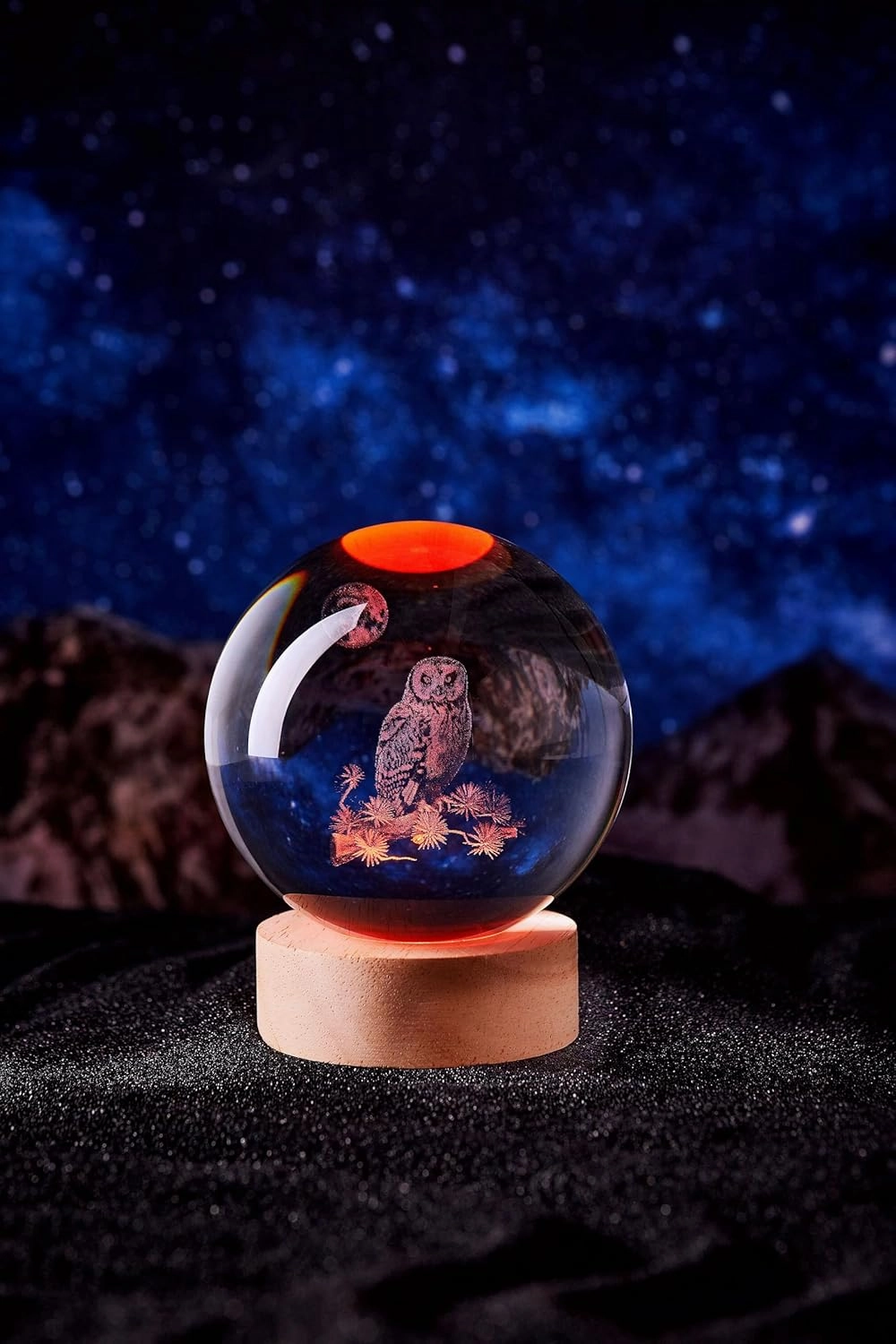 3D Large Owl Crystal Ball Night Light with Wooden Base, Owls Crystal Lamp Gift for Kids Wife Friends, 16 Color Changing with Remote Control, Laser Engraved 3.15 inch Glass Ball Lamp (Owl)