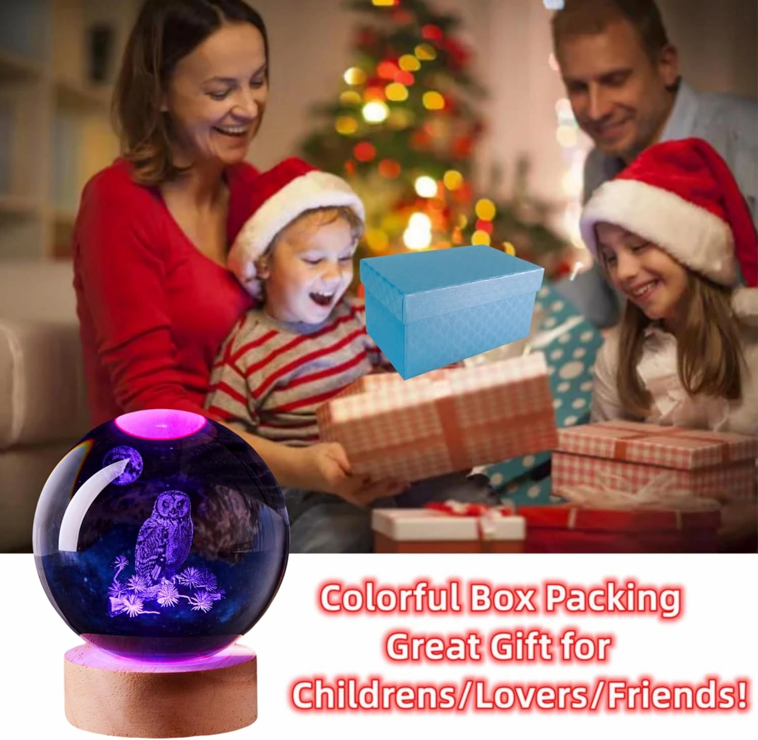 3D Large Owl Crystal Ball Night Light with Wooden Base, Owls Crystal Lamp Gift for Kids Wife Friends, 16 Color Changing with Remote Control, Laser Engraved 3.15 inch Glass Ball Lamp (Owl)