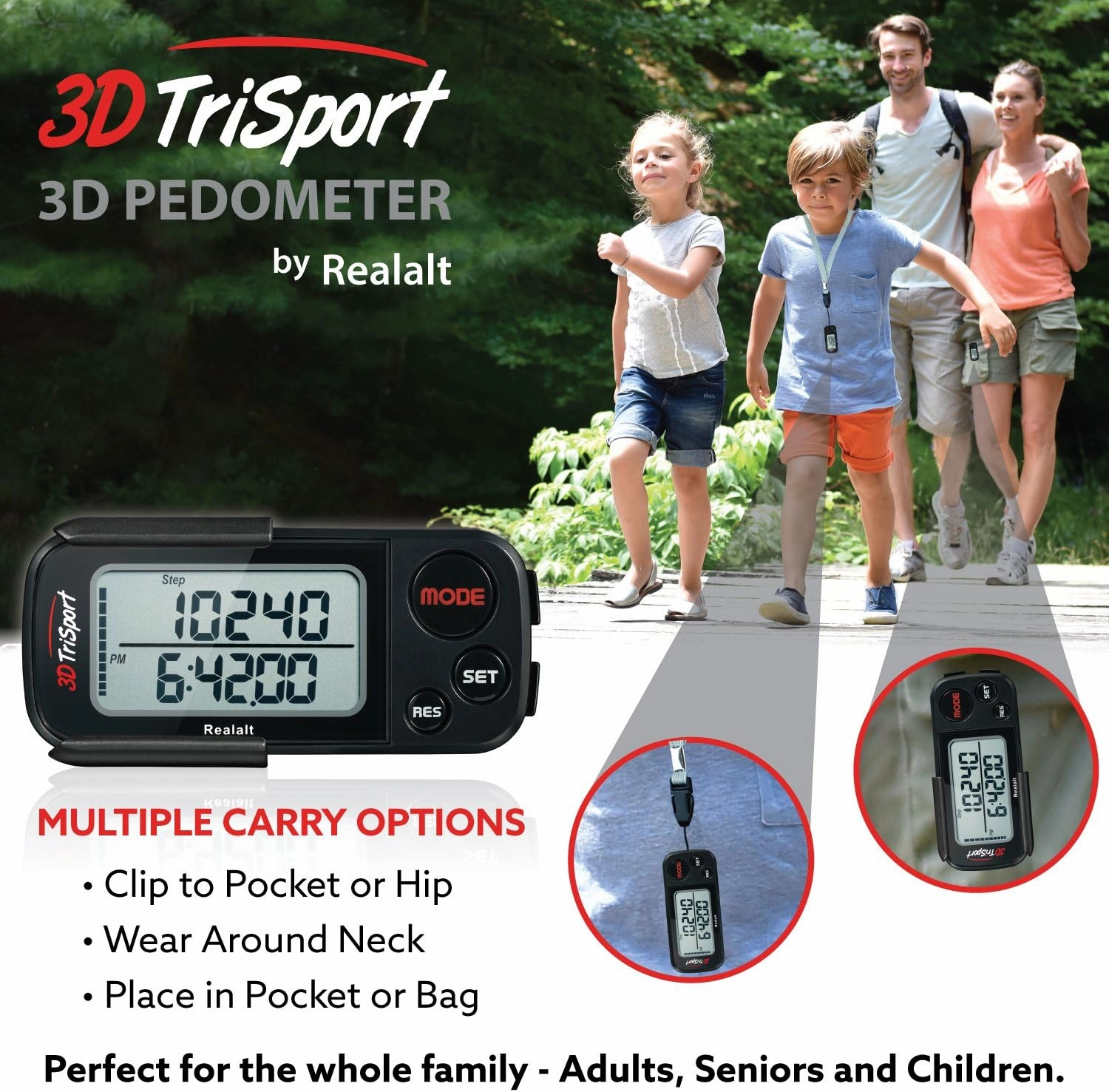 3DTriSport Walking 3D Pedometer with Clip and Strap, Free eBook | 30 Days Memory, Accurate Step Counter, Walking Distance Miles/Km, Calorie Counter