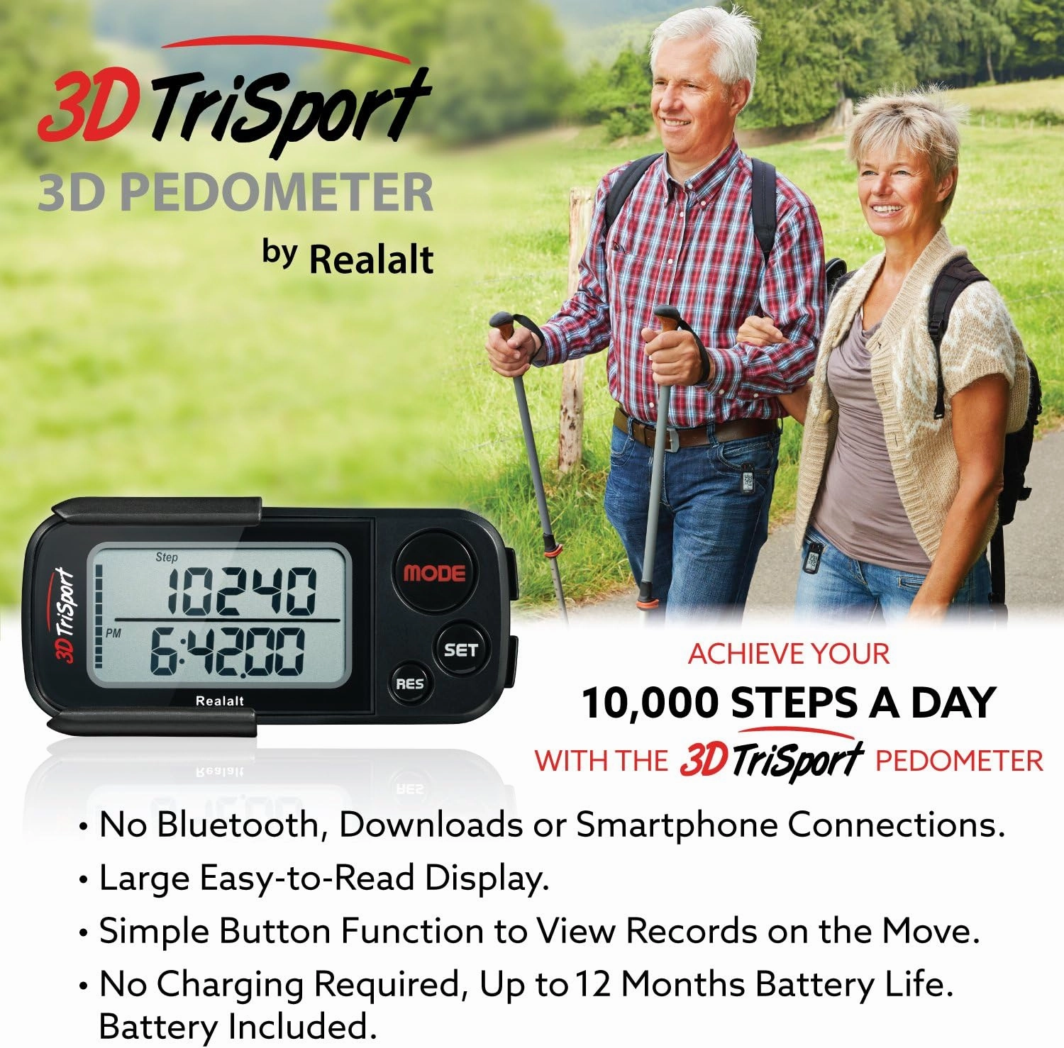 3DTriSport Walking 3D Pedometer with Clip and Strap, Free eBook | 30 Days Memory, Accurate Step Counter, Walking Distance Miles/Km, Calorie Counter