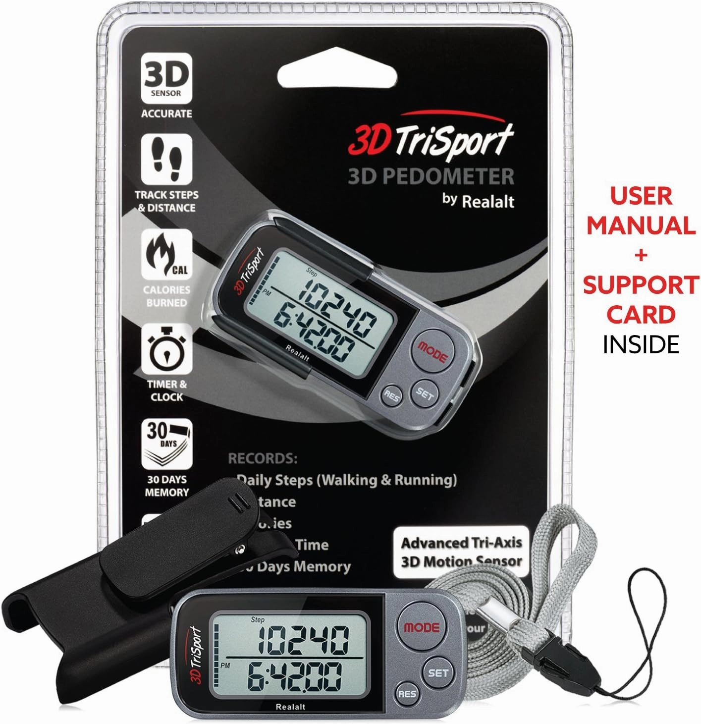 3DTriSport Walking 3D Pedometer with Clip and Strap, Free eBook | 30 Days Memory, Accurate Step Counter, Walking Distance Miles/Km, Calorie Counter