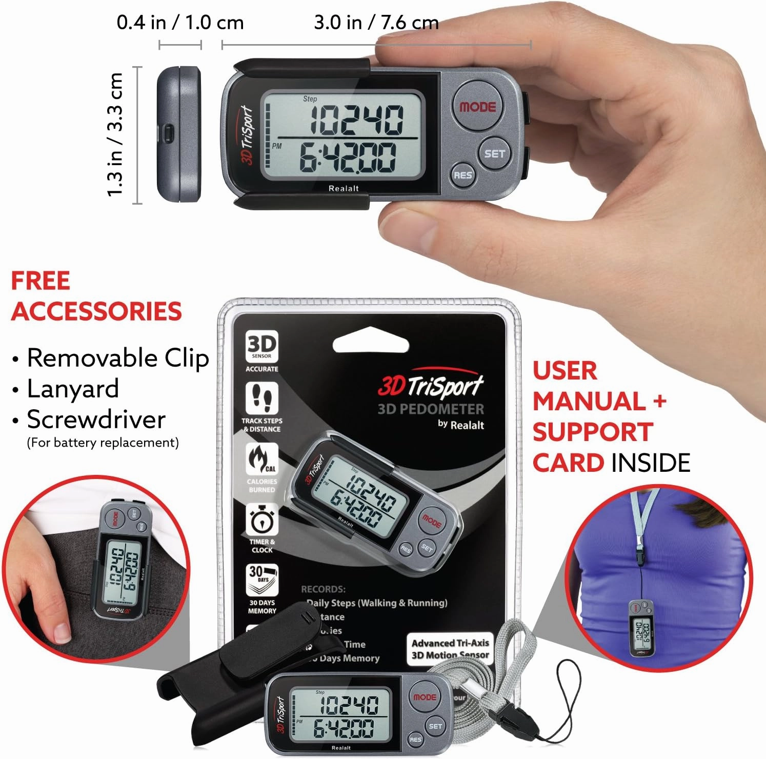 3DTriSport Walking 3D Pedometer with Clip and Strap, Free eBook | 30 Days Memory, Accurate Step Counter, Walking Distance Miles/Km, Calorie Counter