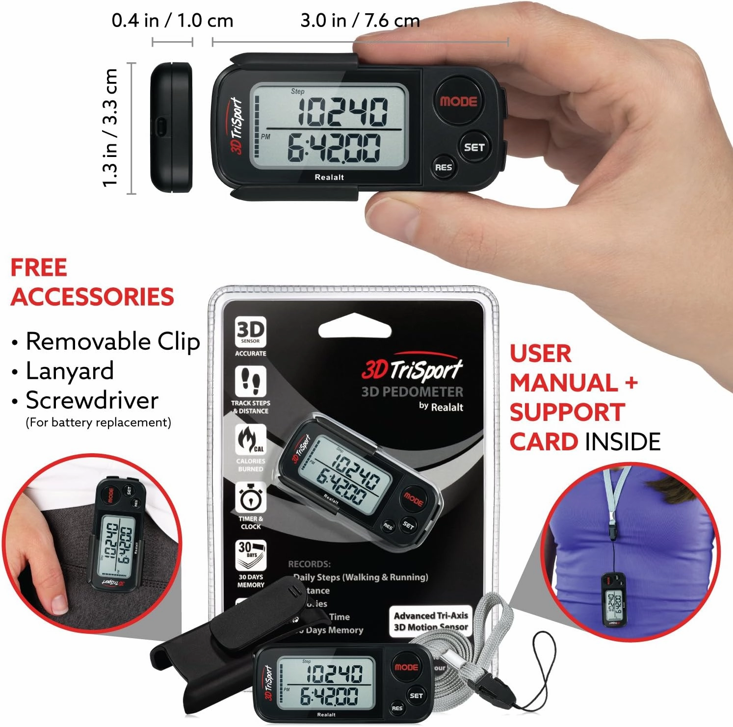 3DTriSport Walking 3D Pedometer with Clip and Strap, Free eBook | 30 Days Memory, Accurate Step Counter, Walking Distance Miles/Km, Calorie Counter
