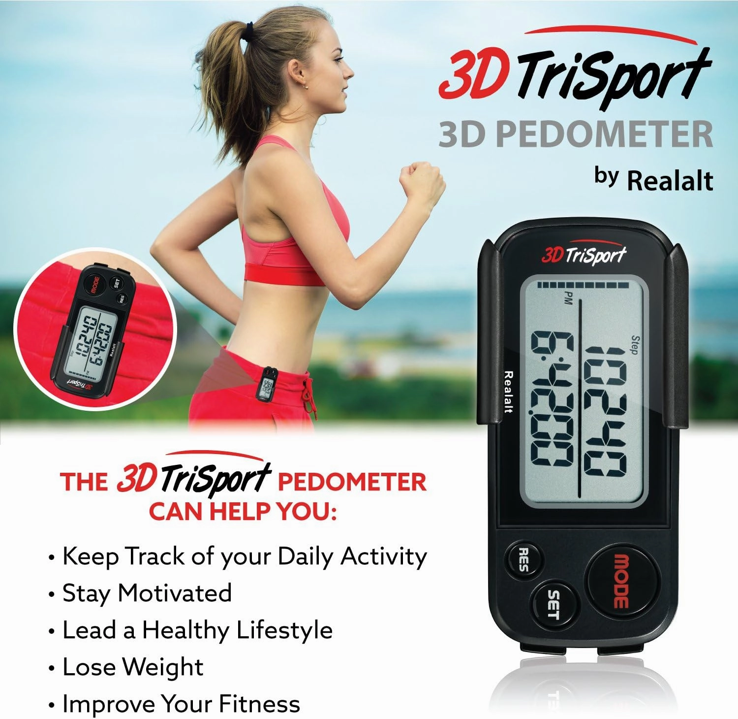 3DTriSport Walking 3D Pedometer with Clip and Strap, Free eBook | 30 Days Memory, Accurate Step Counter, Walking Distance Miles/Km, Calorie Counter