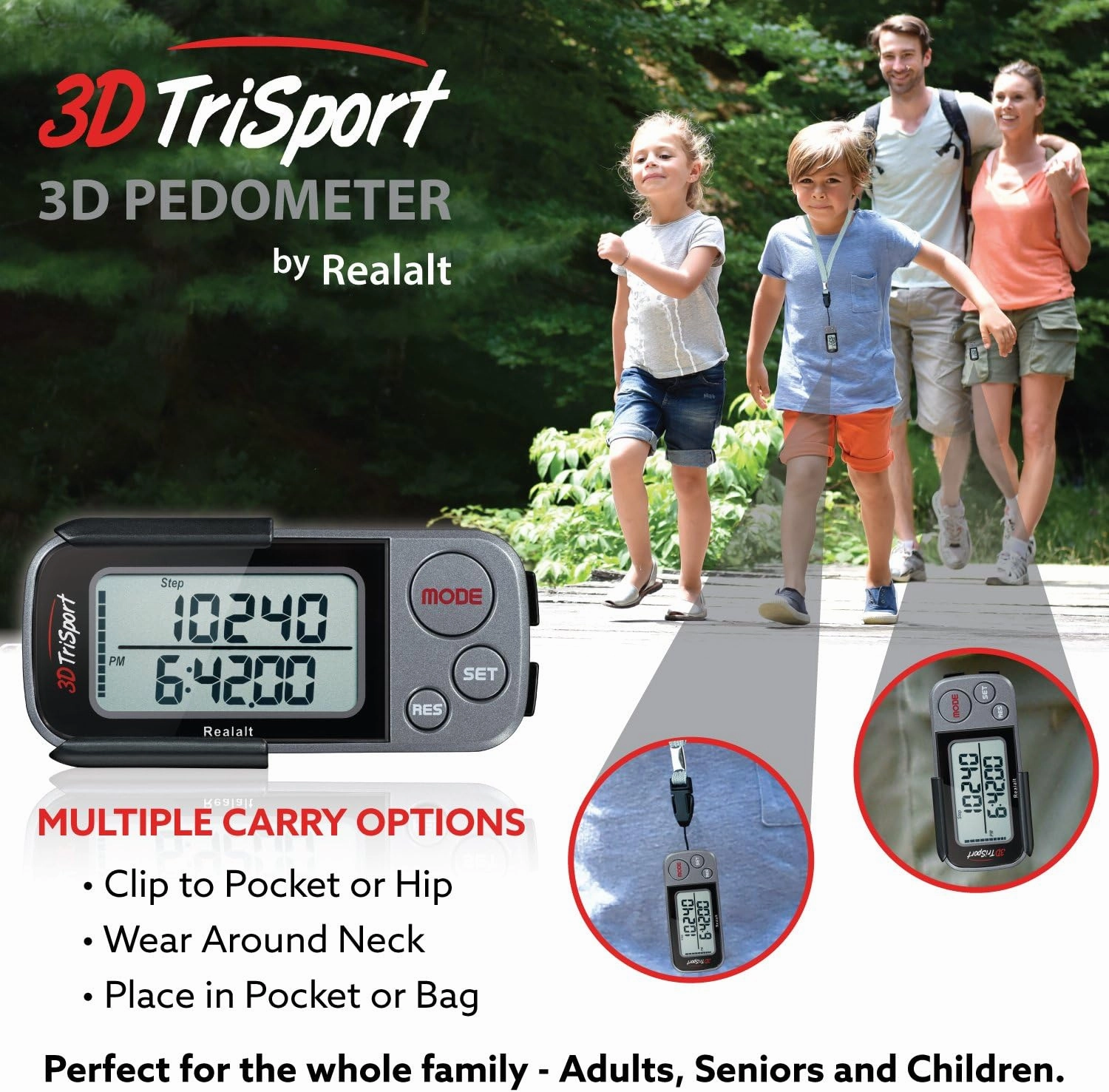 3DTriSport Walking 3D Pedometer with Clip and Strap, Free eBook | 30 Days Memory, Accurate Step Counter, Walking Distance Miles/Km, Calorie Counter