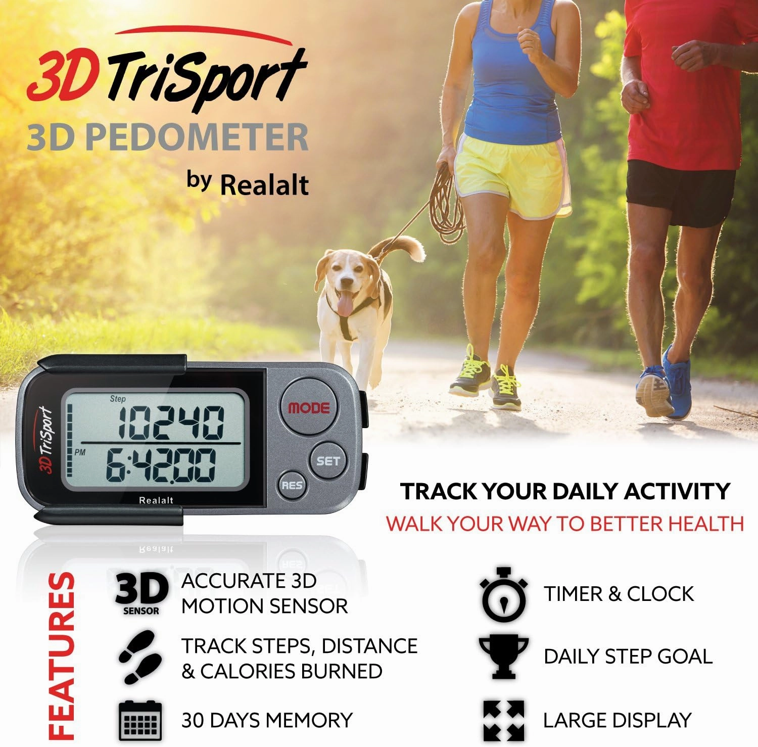 3DTriSport Walking 3D Pedometer with Clip and Strap, Free eBook | 30 Days Memory, Accurate Step Counter, Walking Distance Miles/Km, Calorie Counter