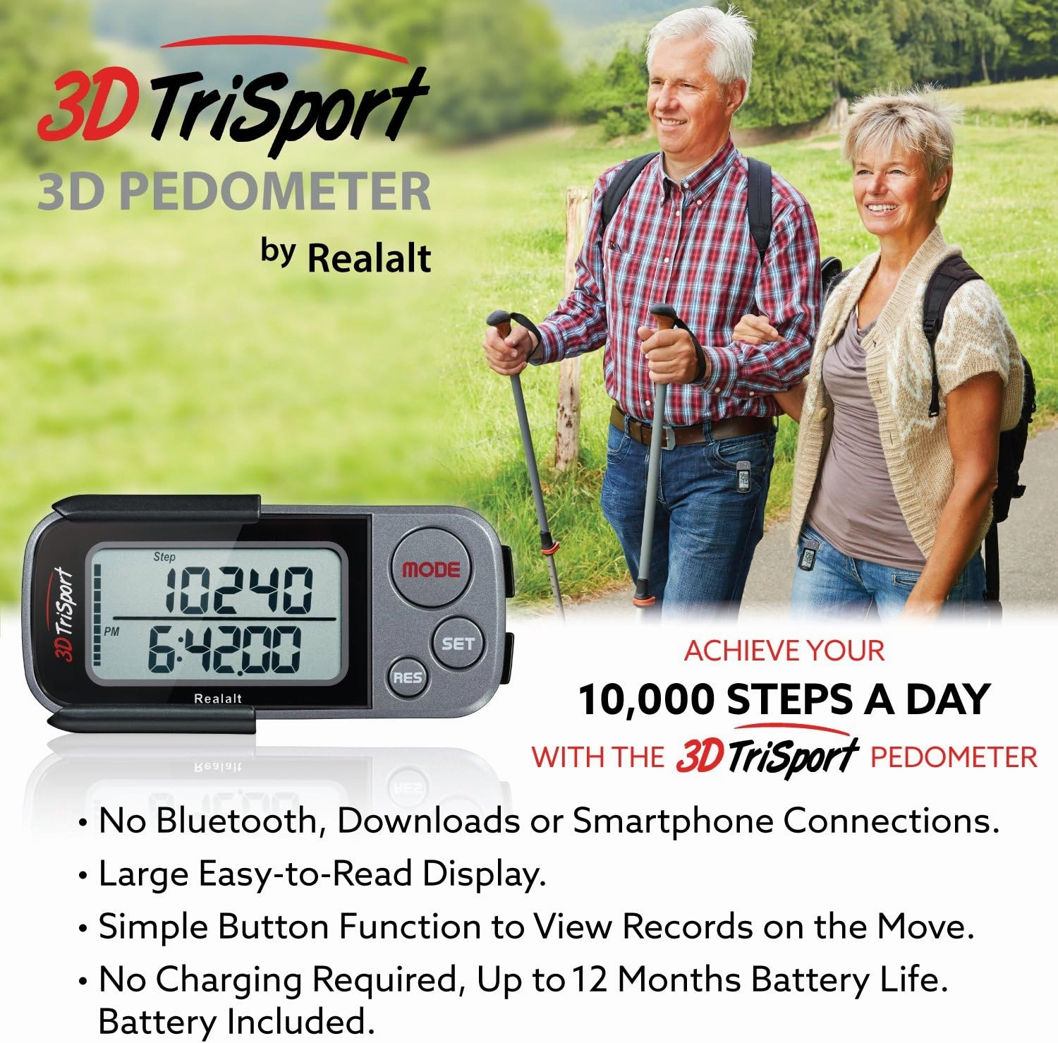 3DTriSport Walking 3D Pedometer with Clip and Strap, Free eBook | 30 Days Memory, Accurate Step Counter, Walking Distance Miles/Km, Calorie Counter