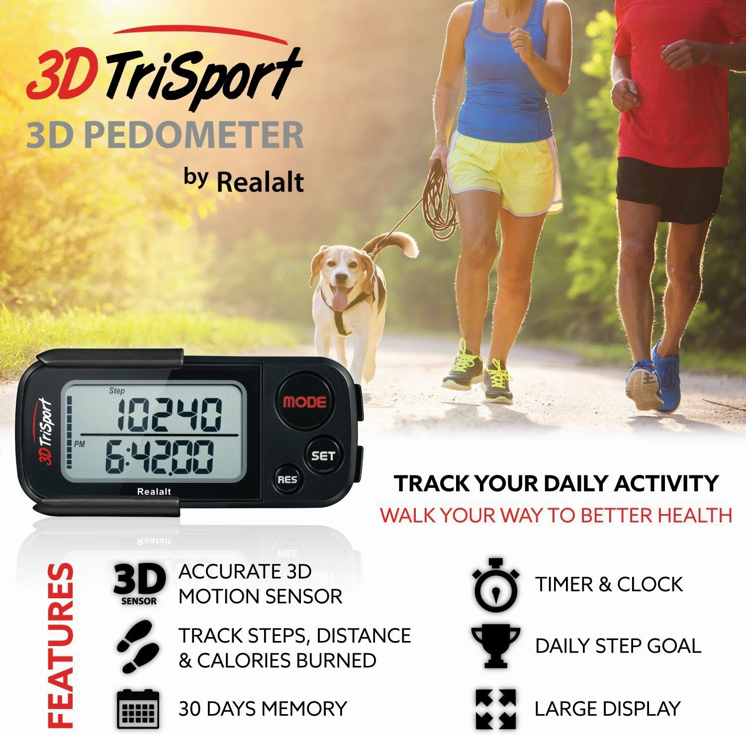 3DTriSport Walking 3D Pedometer with Clip and Strap, Free eBook | 30 Days Memory, Accurate Step Counter, Walking Distance Miles/Km, Calorie Counter