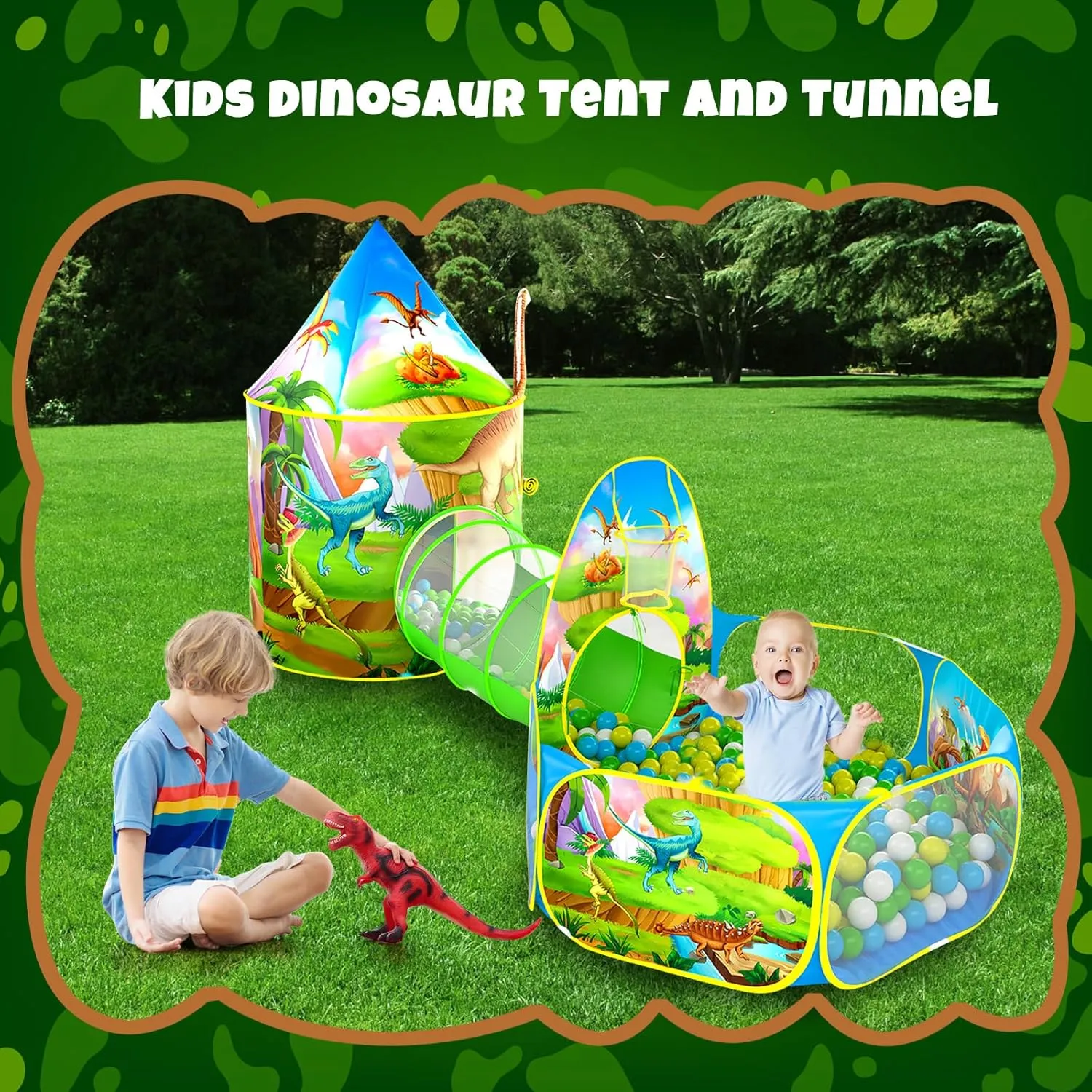 3PC Dinosaur Play Tents for Boys with Piano Mat, Kids Play Tent with Ball Pit, Crawl Tunnel, Castle Tent for Toddlers, Baby Dinosaur World Playhouse Toys