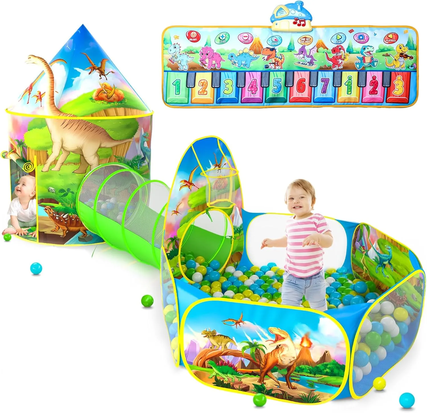 3PC Dinosaur Play Tents for Boys with Piano Mat, Kids Play Tent with Ball Pit, Crawl Tunnel, Castle Tent for Toddlers, Baby Dinosaur World Playhouse Toys