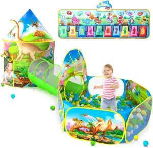 3PC Dinosaur Play Tents for Boys with Piano Mat, Kids Play Tent with Ball Pit, Crawl Tunnel, Castle Tent for Toddlers, Baby Dinosaur World Playhouse Toys