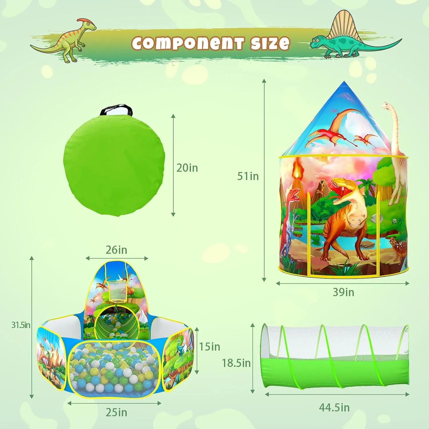 3PC Dinosaur Play Tents for Boys with Piano Mat, Kids Play Tent with Ball Pit, Crawl Tunnel, Castle Tent for Toddlers, Baby Dinosaur World Playhouse Toys