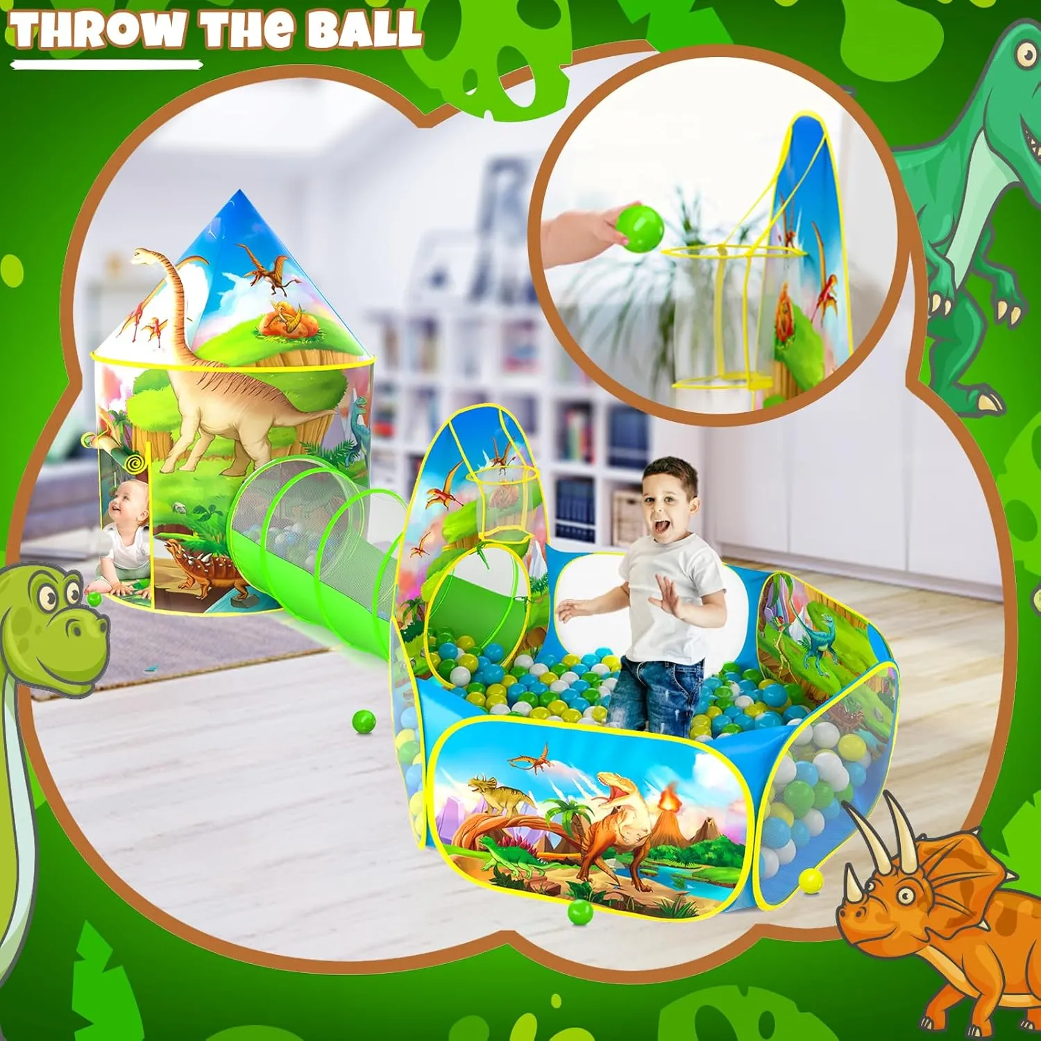 3PC Dinosaur Play Tents for Boys with Piano Mat, Kids Play Tent with Ball Pit, Crawl Tunnel, Castle Tent for Toddlers, Baby Dinosaur World Playhouse Toys