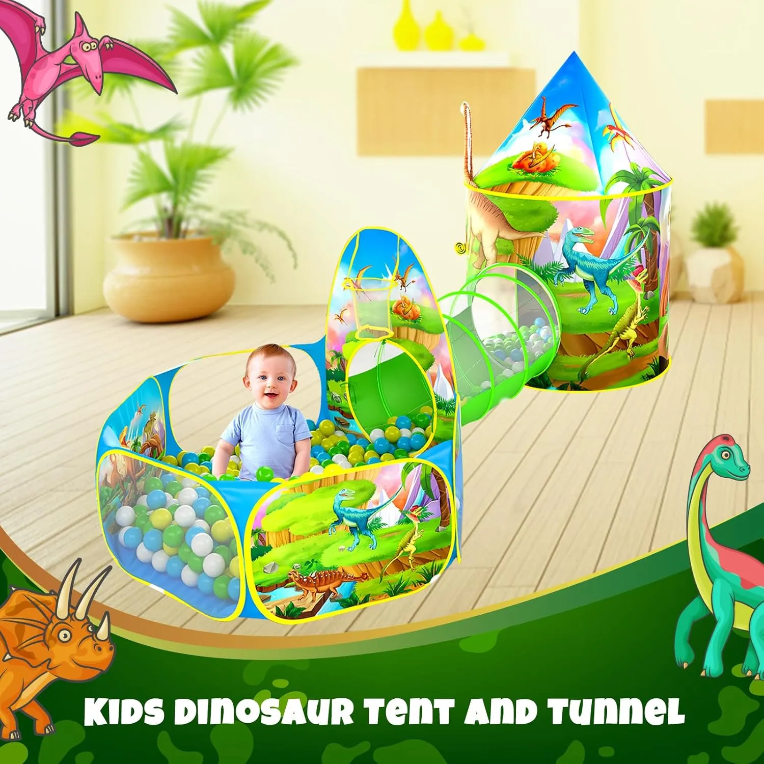 3PC Dinosaur Play Tents for Boys with Piano Mat, Kids Play Tent with Ball Pit, Crawl Tunnel, Castle Tent for Toddlers, Baby Dinosaur World Playhouse Toys