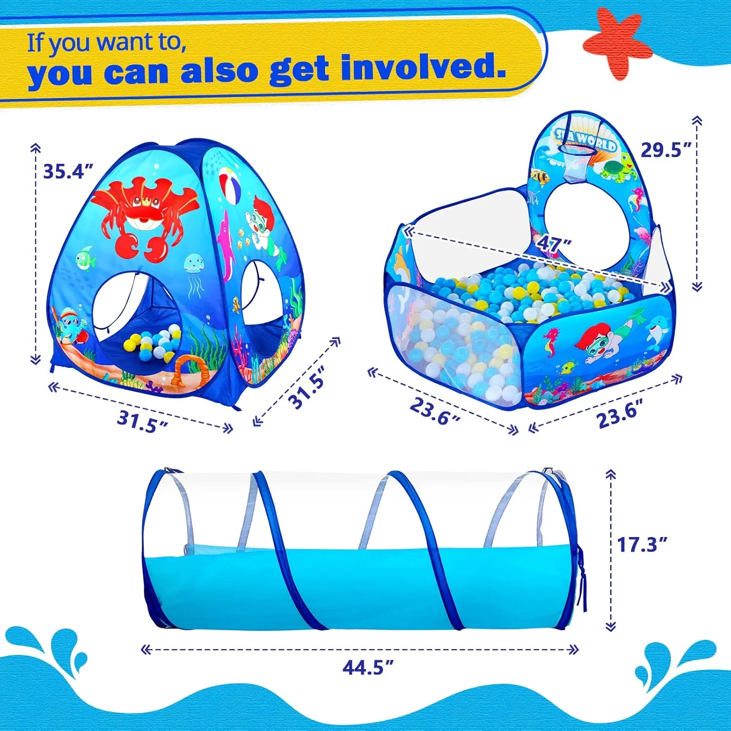 3PC Kids Ball Pits for Toddlers with Kids Play Tent, Kids Tunnel for Baby, Children Pop Up Indoor/Outdoor Playhouse Toy for Boys and Girls, Best Birthday Gifts for 3 4 5 Years Old