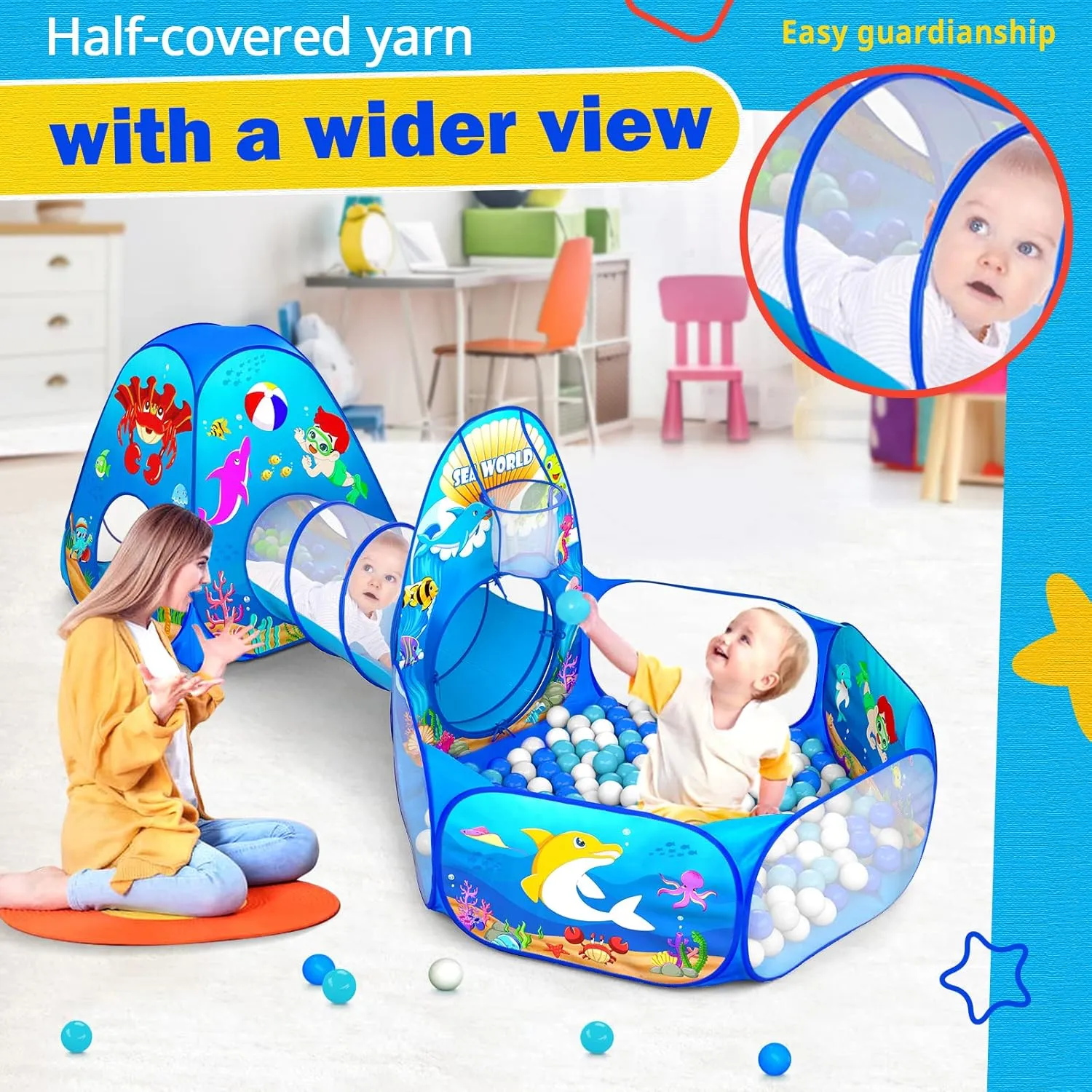 3PC Kids Ball Pits for Toddlers with Kids Play Tent, Kids Tunnel for Baby, Children Pop Up Indoor/Outdoor Playhouse Toy for Boys and Girls, Best Birthday Gifts for 3 4 5 Years Old