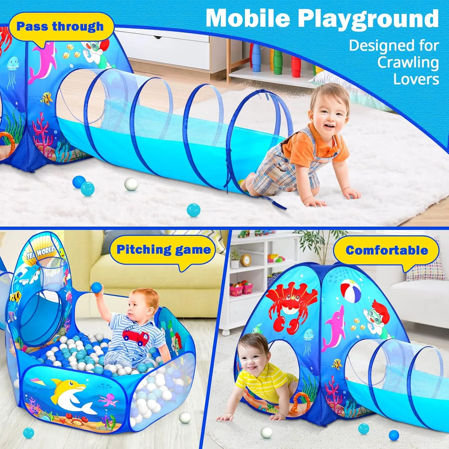3PC Kids Ball Pits for Toddlers with Kids Play Tent, Kids Tunnel for Baby, Children Pop Up Indoor/Outdoor Playhouse Toy for Boys and Girls, Best Birthday Gifts for 3 4 5 Years Old