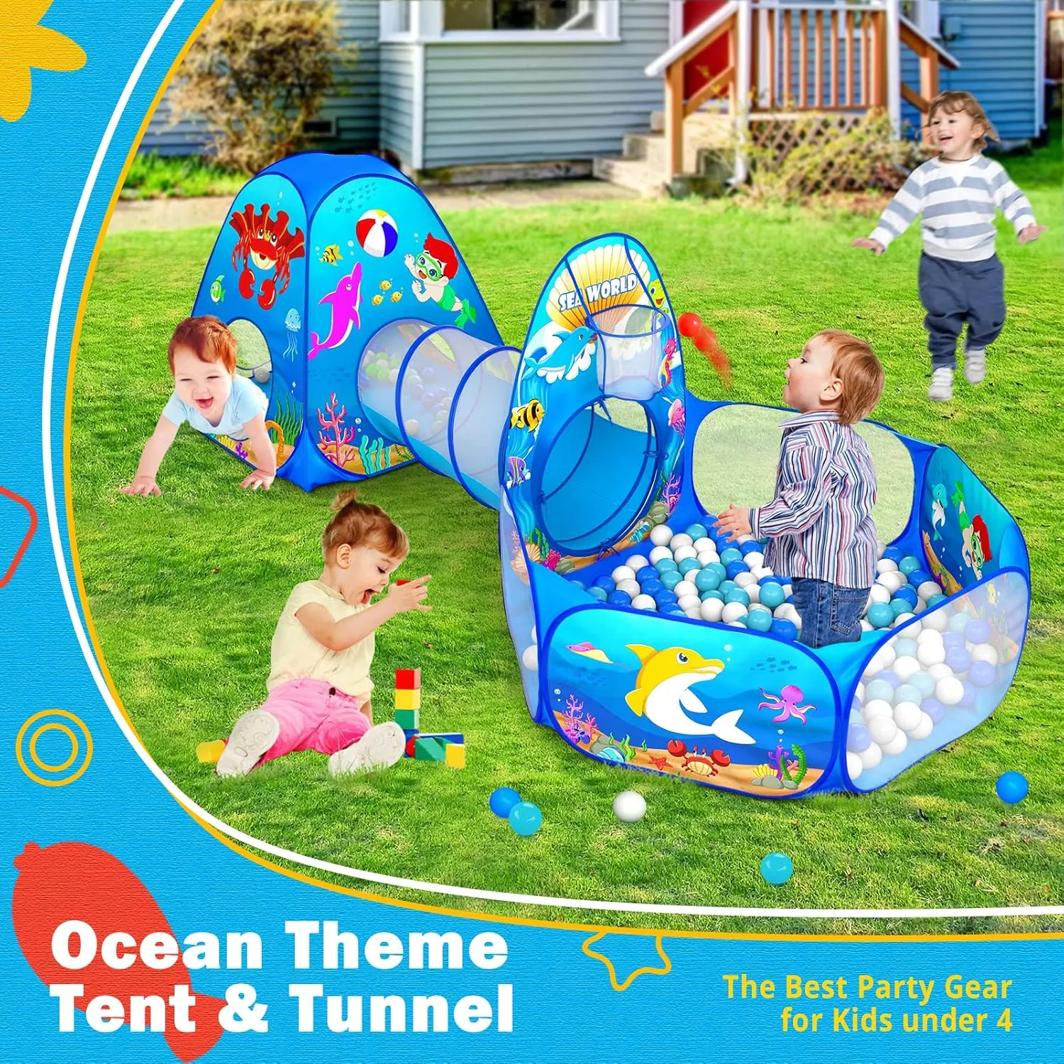 3PC Kids Ball Pits for Toddlers with Kids Play Tent, Kids Tunnel for Baby, Children Pop Up Indoor/Outdoor Playhouse Toy for Boys and Girls, Best Birthday Gifts for 3 4 5 Years Old