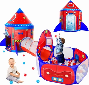 3pc Kids Play Tent for Girls with Ball Pit, Crawl Tunnel, Princess Tents for Toddlers, Baby Space World Playhouse Toys (3PC Red Rocket Play Tent)