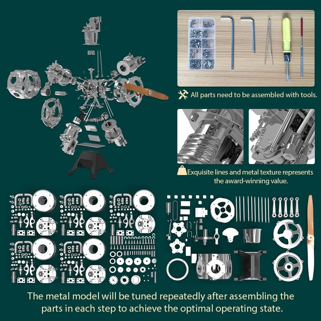 5-Cylinder Radial Engine Model, 1/6 Scale 250  PCS DIY Assembly Metal Aircraft Engine with Electric Motor for Physical Science Experiment Display