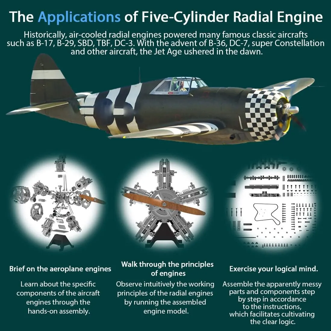 5-Cylinder Radial Engine Model, 1/6 Scale 250  PCS DIY Assembly Metal Aircraft Engine with Electric Motor for Physical Science Experiment Display