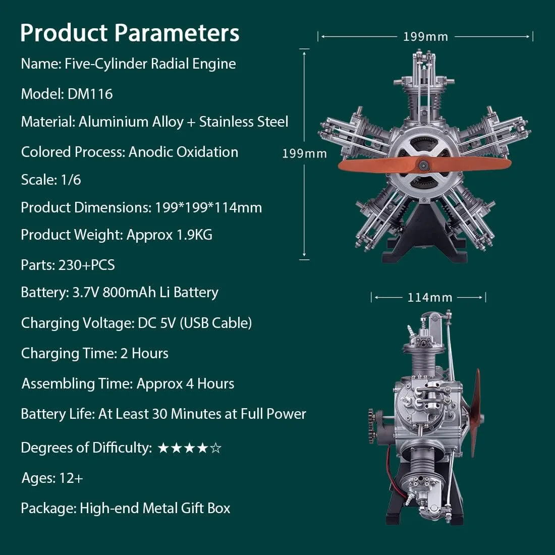 5-Cylinder Radial Engine Model, 1/6 Scale 250  PCS DIY Assembly Metal Aircraft Engine with Electric Motor for Physical Science Experiment Display