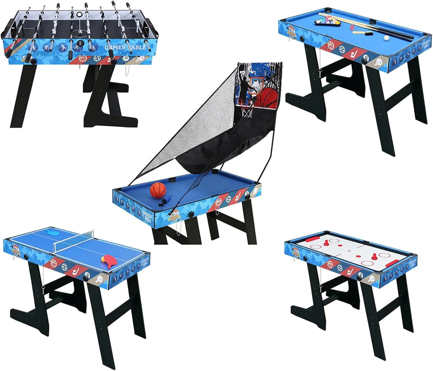 5-in-1 Multi Game Table HLC Portable Multi Game Combination Table Set with Accessories for Home Play Room, Rec Room,Foosball Soccer,Ping Pong,Pool Billiards,Air Hockey,Basketball