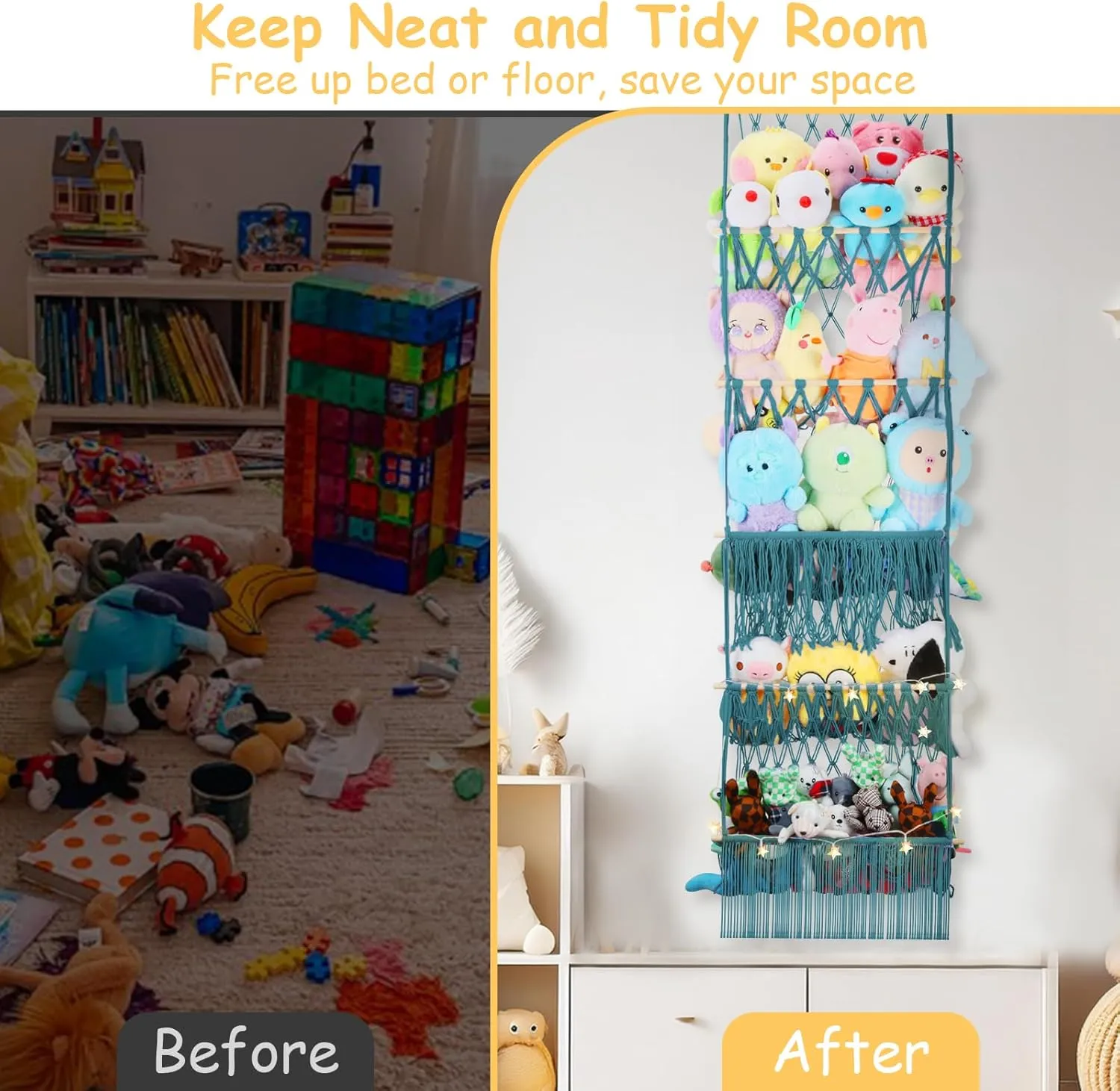 5 Tier Stuffed Animal Storage Shelf Net, 17x61 Inch Large Plushie Net w/LED Light & Clips for Mini Medium Stuffy Teddy, Aqua Boho Macrame Wall Toy Holder Display for Nursery Kids Girls Boys
