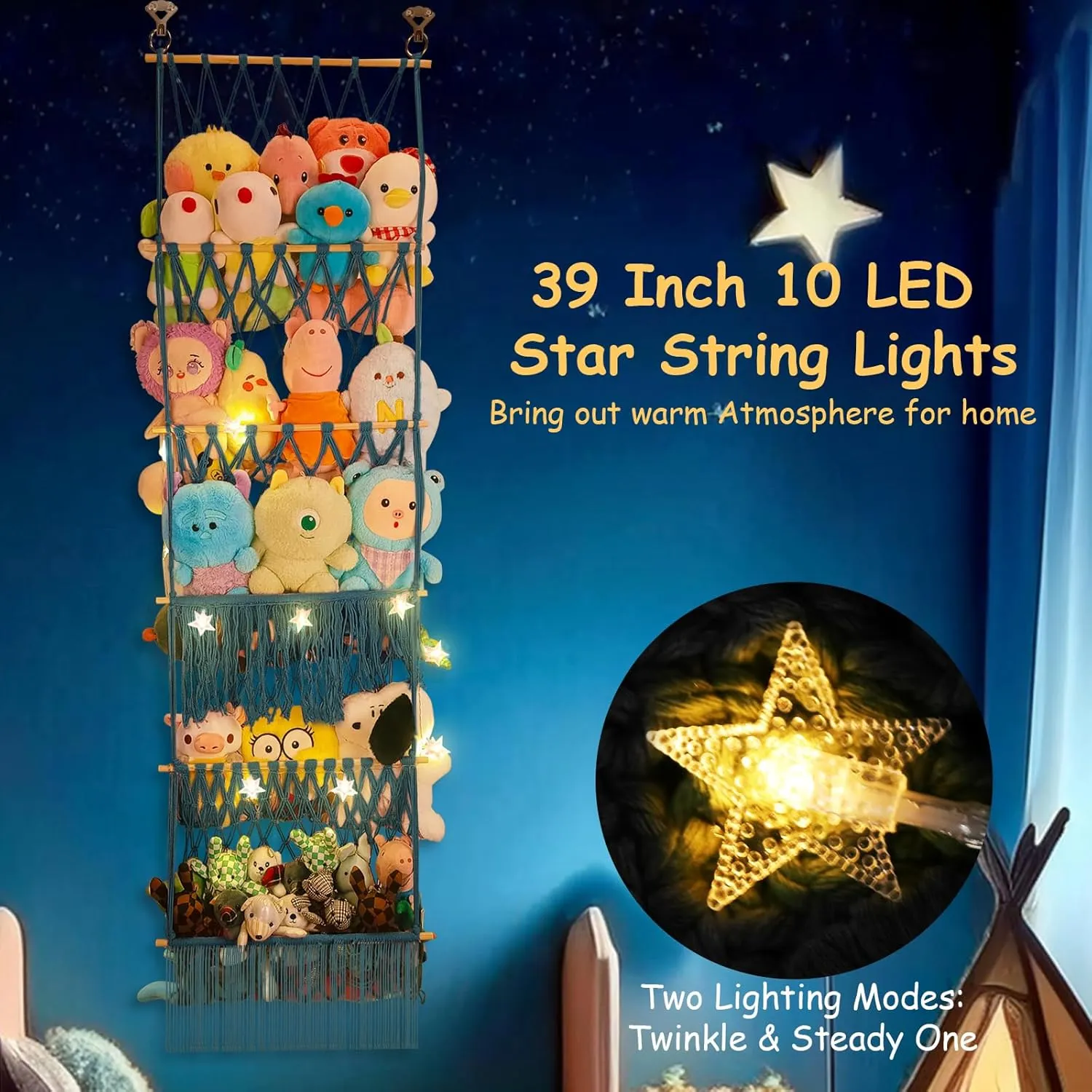 5 Tier Stuffed Animal Storage Shelf Net, 17x61 Inch Large Plushie Net w/LED Light & Clips for Mini Medium Stuffy Teddy, Aqua Boho Macrame Wall Toy Holder Display for Nursery Kids Girls Boys