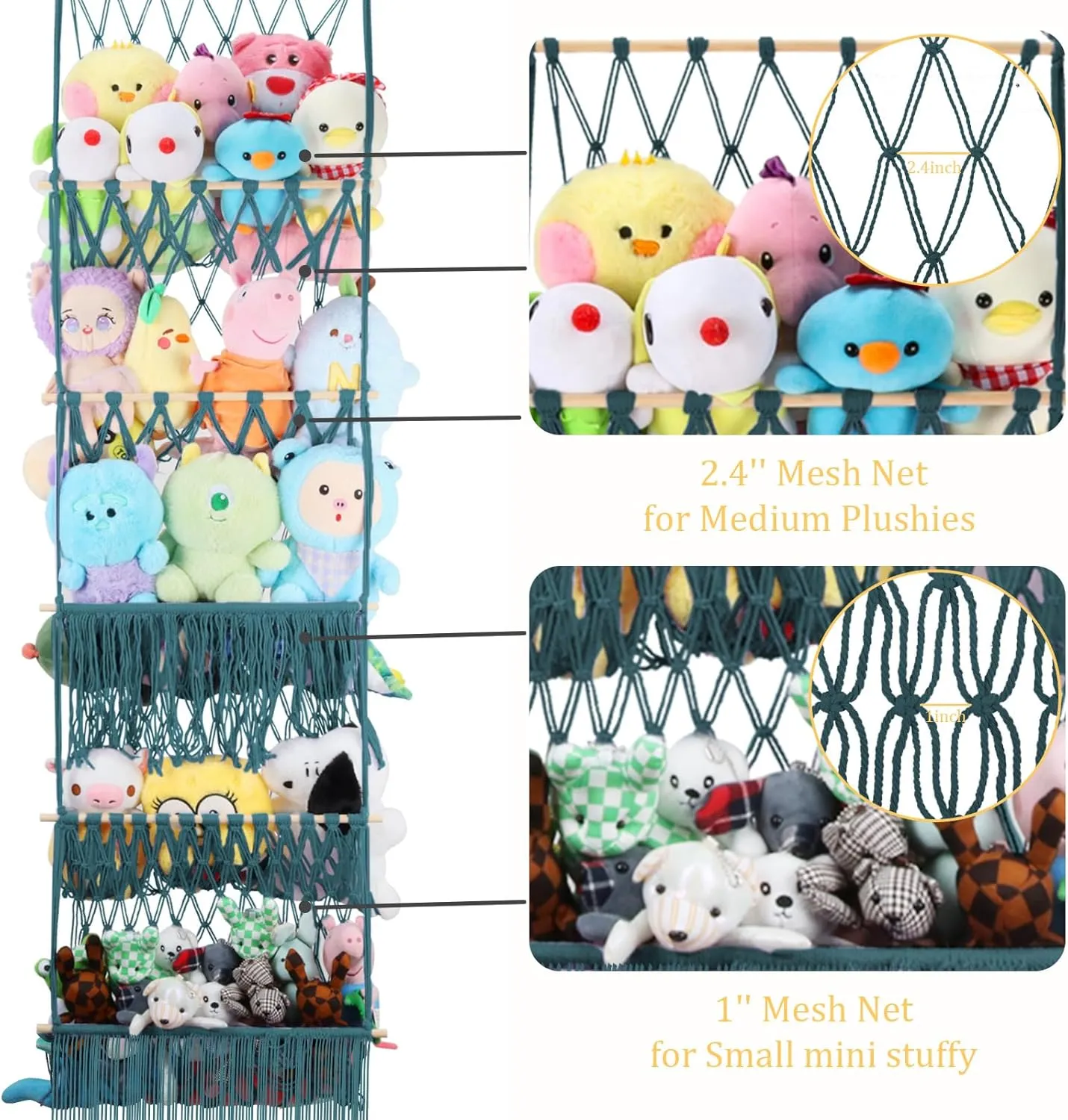 5 Tier Stuffed Animal Storage Shelf Net, 17x61 Inch Large Plushie Net w/LED Light & Clips for Mini Medium Stuffy Teddy, Aqua Boho Macrame Wall Toy Holder Display for Nursery Kids Girls Boys